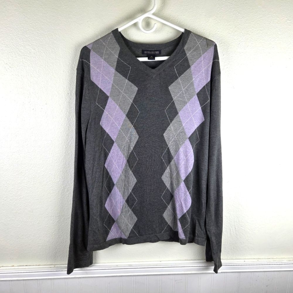Banana Republic Women's M Silk Cotton Cashmere Argyle V Neck Sweater Gray